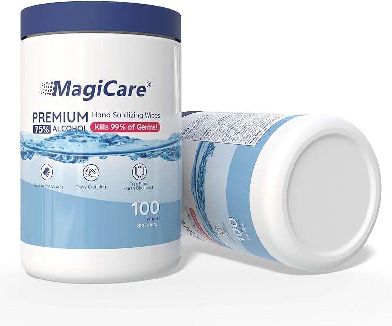 MagiCare 75% Large Alcohol Wipes (2, 100ct Canisters, 200ct) - Hand Sanitizer Wipes, Unscented Hand Wipe, Cleaning, Sanitizing Wipe - Home, Office, Classroom, Car, Camping - Image 1