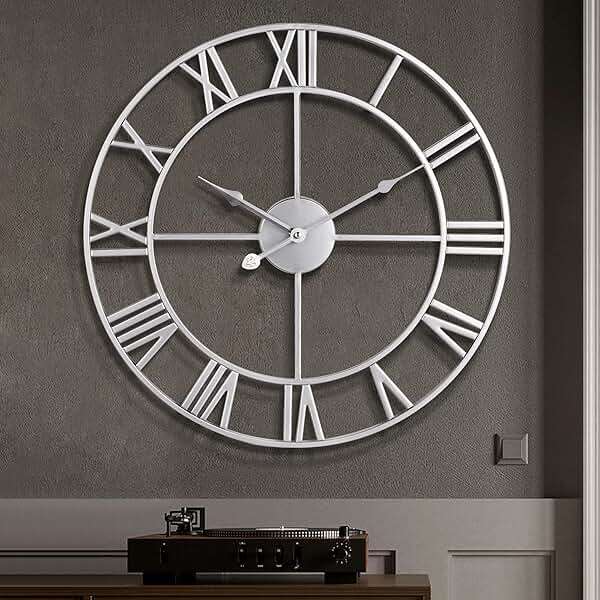 1st owned Large Wall Clock Silent Non-Ticking Roman Numerals Vintage Battery Operated (24 inch,18inch,16inch) Farmhouse Wall Clock for Living Room, Bedroom, Kitchen, Cafe Decor-Silver 40CM - Image 1