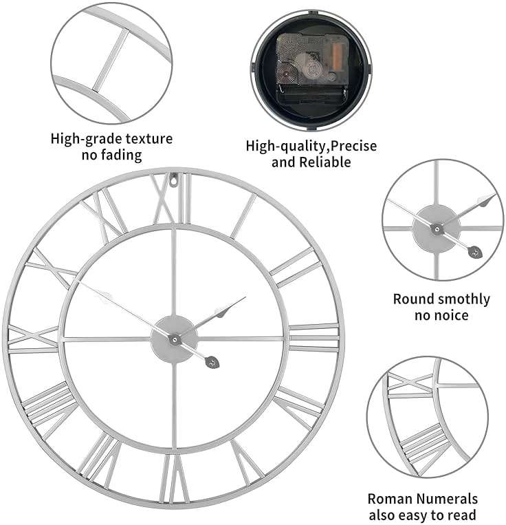 1st owned Large Wall Clock Silent Non-Ticking Roman Numerals Vintage Battery Operated (24 inch,18inch,16inch) Farmhouse Wall Clock for Living Room, Bedroom, Kitchen, Cafe Decor-Silver 40CM - Image 7