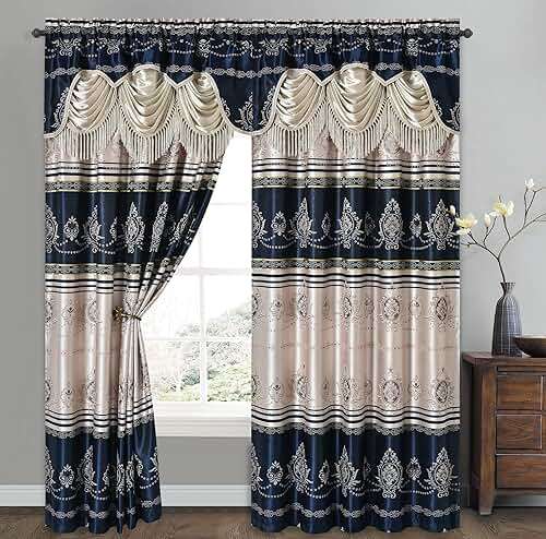 GOHD Harmony Horizon. Jacquard Farmhouse Window Curtain Panel Drape with Attached Fancy Valance. 2pcs Set. Each pc 54" Wide x 90" Drop with 18" Valance. (Navy Blue) - Image 1
