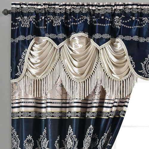 GOHD Harmony Horizon. Jacquard Farmhouse Window Curtain Panel Drape with Attached Fancy Valance. 2pcs Set. Each pc 54" Wide x 90" Drop with 18" Valance. (Navy Blue) - Image 3