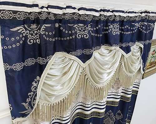 GOHD Harmony Horizon. Jacquard Farmhouse Window Curtain Panel Drape with Attached Fancy Valance. 2pcs Set. Each pc 54" Wide x 90" Drop with 18" Valance. (Navy Blue) - Image 4