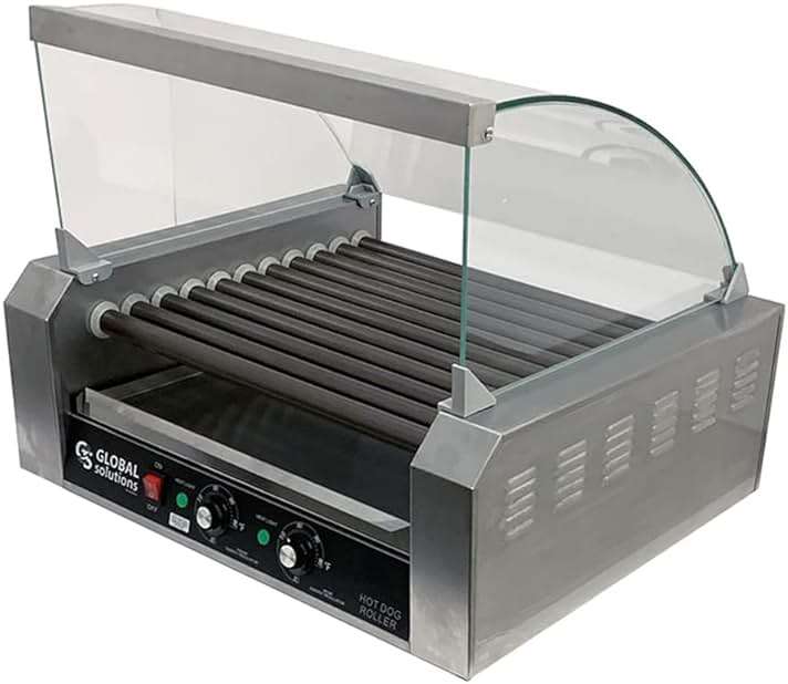 Global Solutions GS1640 Commercial Hot Dog Roller Grill, 30-Dog Capacity Countertop Roller Grill with 11 Non-Stick Rollers, Two-Zone Temperature Control, Stainless Steel, 120V - Image 1