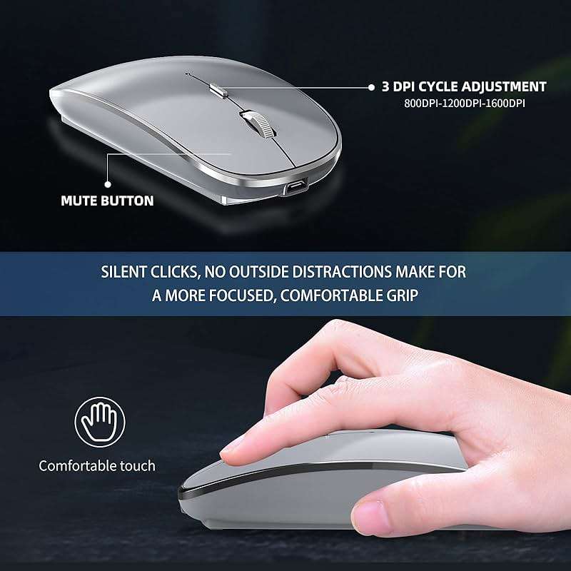 Halpilt Wireless Mouse Chargeable Portable Silent USB and Type-C Dual Mode Wireless Mouse 3 Adjustable DPI for Laptop, Mac, Android, PC (Q23S Grey) - Image 4
