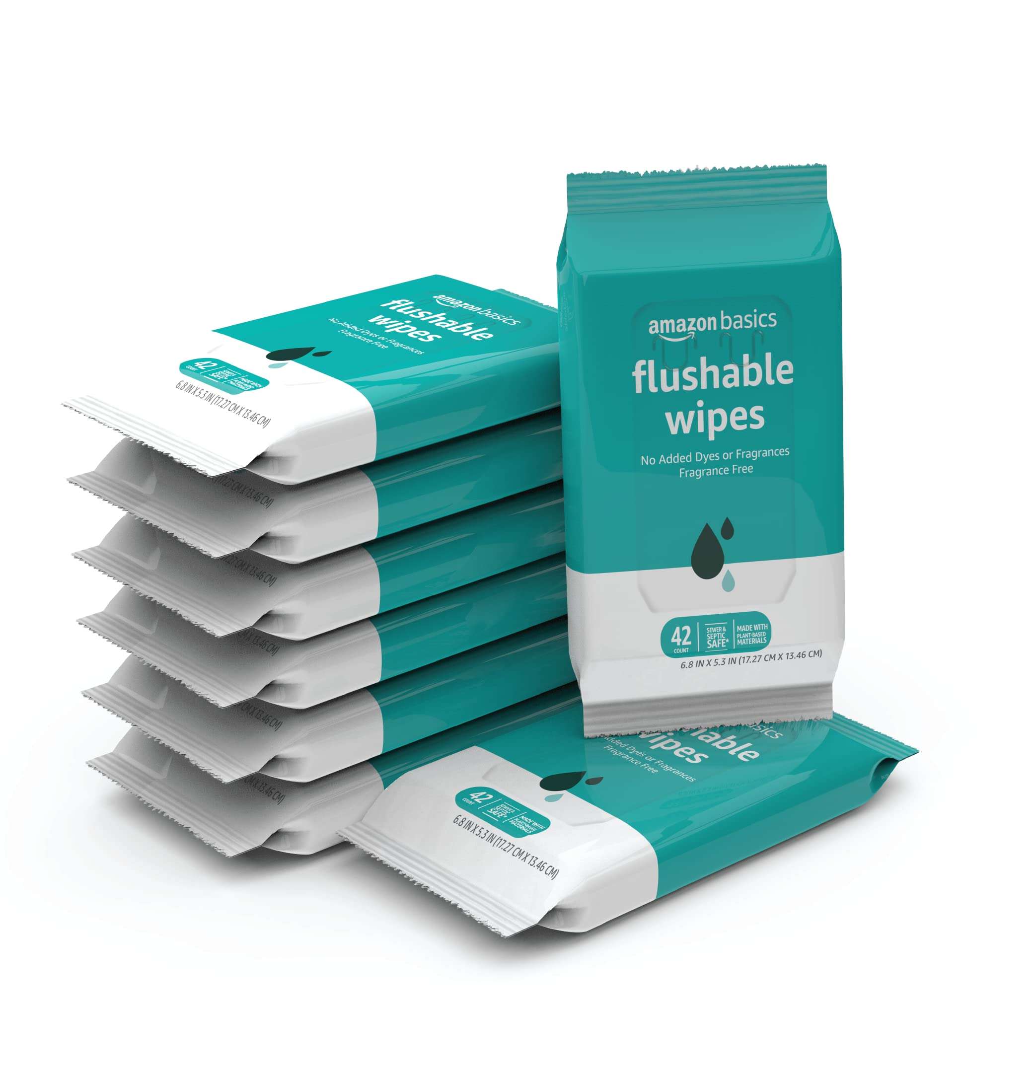 Amazon Basics Flushable Adult Toilet Wipes, Fragrance Free, 42 Count (Pack of 8) (Total 336 wipes) (Previously Solimo), Packaging May Vary - Image 1