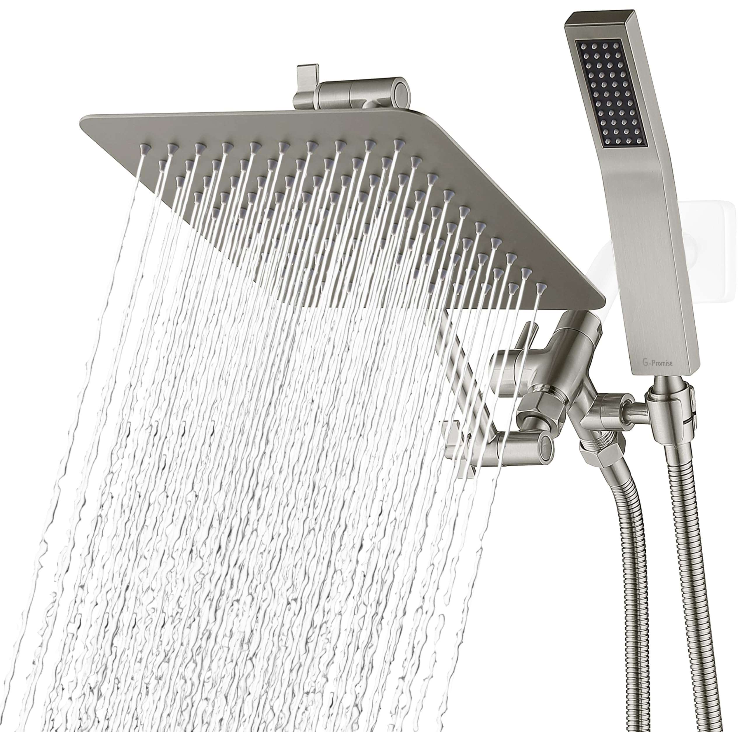 G-Promise All Metal 8 Inch Dual Square Shower Head with Handheld Spray Combo, Rain Shower Head, Adjustable Extension Arm, 3-Way Diverter, 71 Inch Extra Long Hose - A Bathroom Upgrade (Brushed Nickel) - Image 1