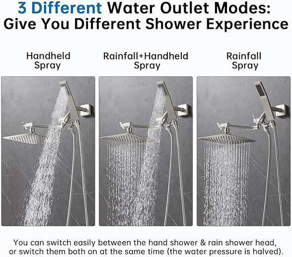 G-Promise All Metal 8 Inch Dual Square Shower Head with Handheld Spray Combo, Rain Shower Head, Adjustable Extension Arm, 3-Way Diverter, 71 Inch Extra Long Hose - A Bathroom Upgrade (Brushed Nickel) - Image 4