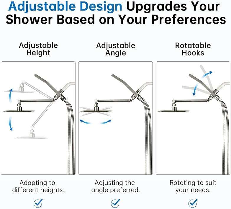 G-Promise All Metal 8 Inch Dual Square Shower Head with Handheld Spray Combo, Rain Shower Head, Adjustable Extension Arm, 3-Way Diverter, 71 Inch Extra Long Hose - A Bathroom Upgrade (Brushed Nickel) - Image 5