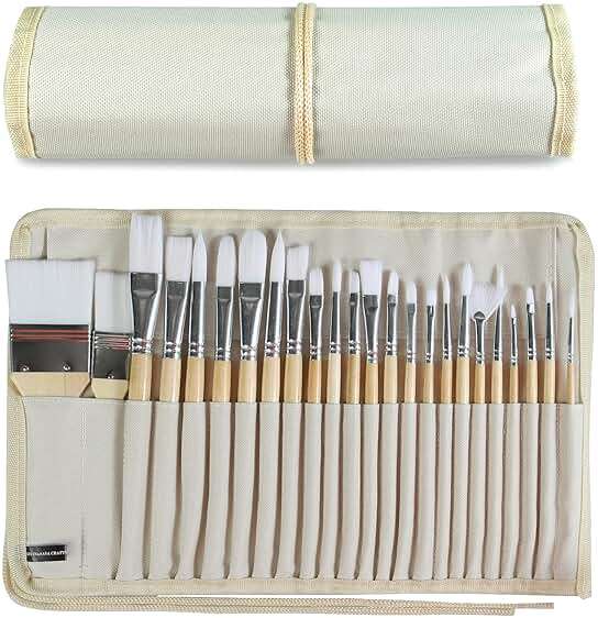 Paint Brushes Set of 24 Pieces Wooden Handles Brushes with Canvas Brush Case, Professional for Oil, Acrylic and Watercolor Painting - Image 1