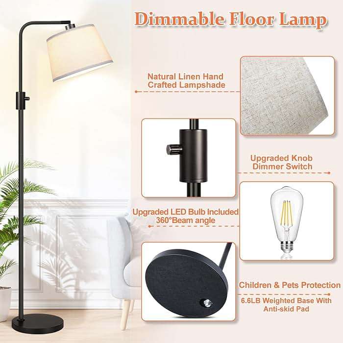 【Upgraded】 Dimmable Floor Lamp, 1000 Lumens LED Edison Bulb Included, Arc Floor Lamps for Living Room Modern Standing Lamp with Linen Shade, Tall Lamp for Bedroom Office Dining Room- Black - Image 6