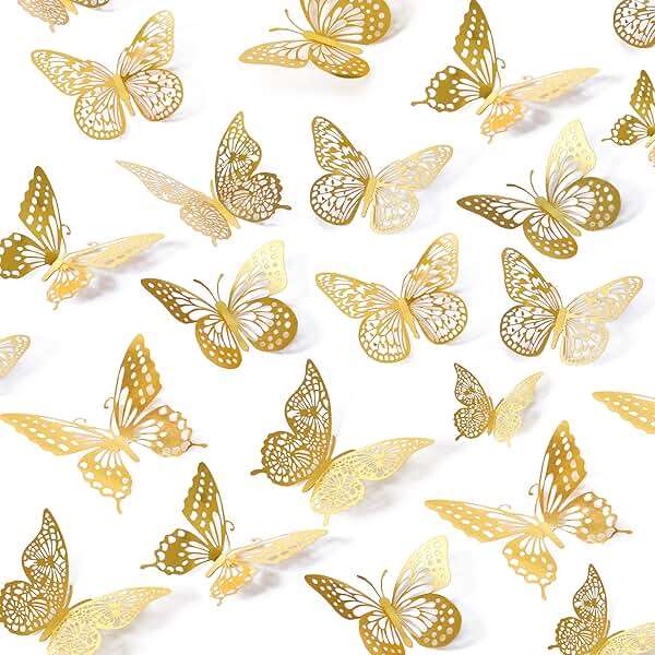SAOROPEB 3D Butterfly Wall Decor - 48 Pcs, 4 Styles, 3 Sizes, Gold Butterfly Decorations for Birthday & Party Celebrations, Removable Stickers - Image 1