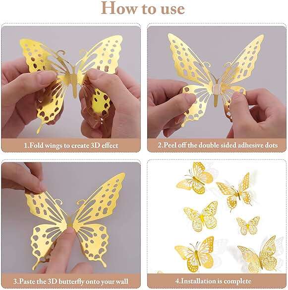 SAOROPEB 3D Butterfly Wall Decor - 48 Pcs, 4 Styles, 3 Sizes, Gold Butterfly Decorations for Birthday & Party Celebrations, Removable Stickers - Image 6