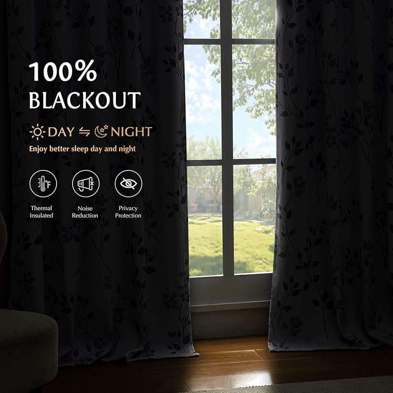 Beauoop Floral 100% Blackout Curtains 84 Inches Long 2 Panels for Bedroom Living Room Grey White Flower Patterned Room Darkening Thermal Insulated Soundproof Grommet Window Treatments Drapes, 52X84 - Image 3