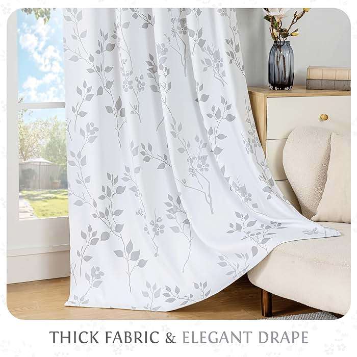 Beauoop Floral 100% Blackout Curtains 84 Inches Long 2 Panels for Bedroom Living Room Grey White Flower Patterned Room Darkening Thermal Insulated Soundproof Grommet Window Treatments Drapes, 52X84 - Image 5