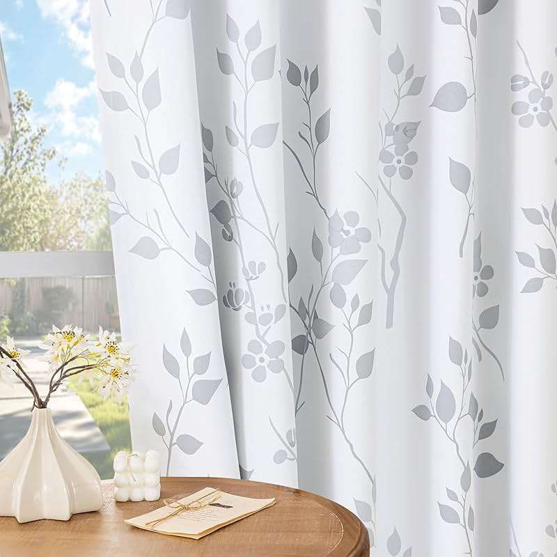 Beauoop Floral 100% Blackout Curtains 84 Inches Long 2 Panels for Bedroom Living Room Grey White Flower Patterned Room Darkening Thermal Insulated Soundproof Grommet Window Treatments Drapes, 52X84 - Image 7