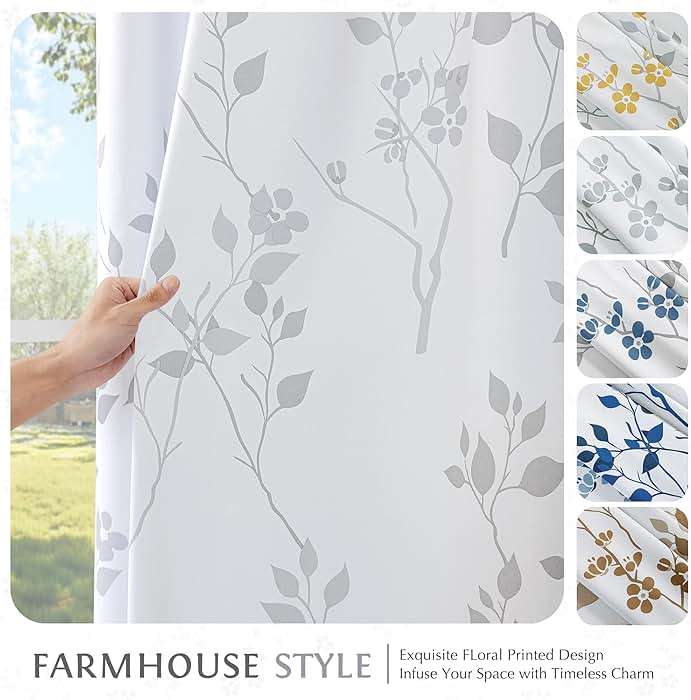 Beauoop Floral 100% Blackout Curtains 84 Inches Long 2 Panels for Bedroom Living Room Grey White Flower Patterned Room Darkening Thermal Insulated Soundproof Grommet Window Treatments Drapes, 52X84 - Image 9
