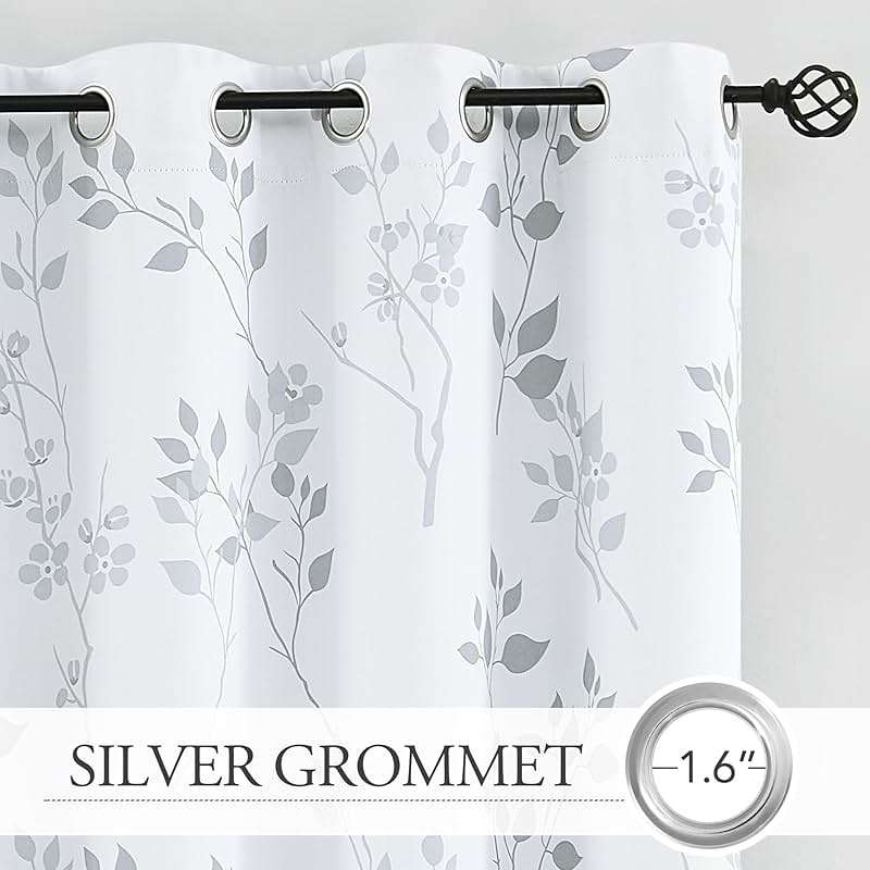 Beauoop Floral 100% Blackout Curtains 84 Inches Long 2 Panels for Bedroom Living Room Grey White Flower Patterned Room Darkening Thermal Insulated Soundproof Grommet Window Treatments Drapes, 52X84 - Image 10