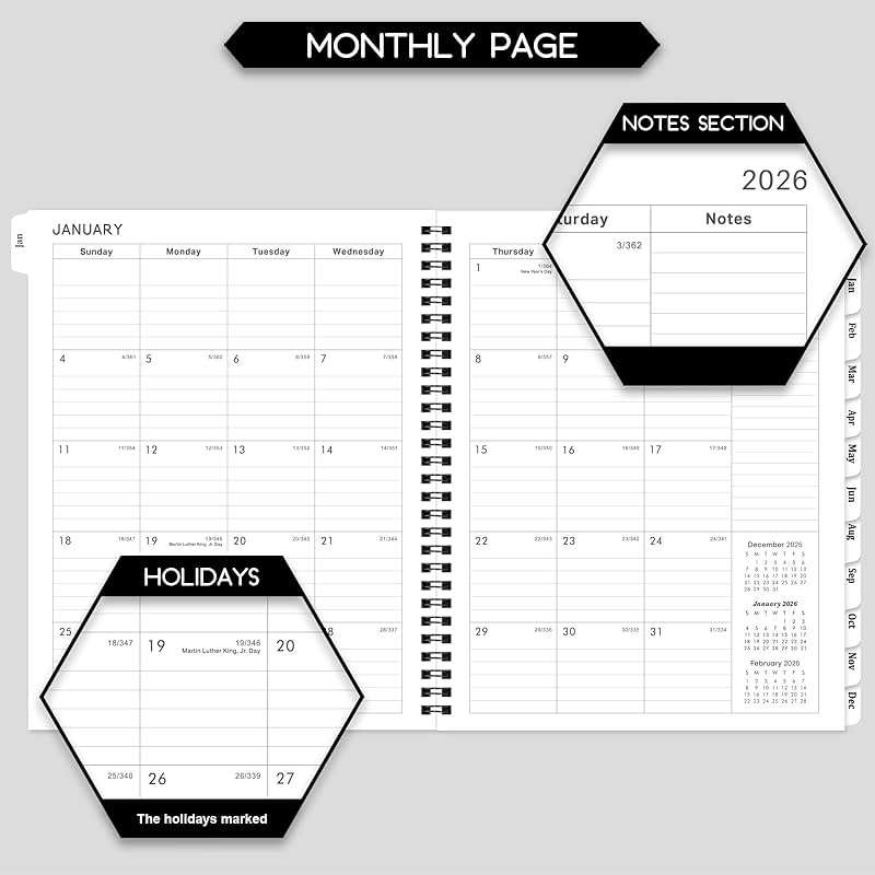 2026-2027 Planner - Planner 2026-2027 Weekly and Monthly, Jul. 2026 - Jun. 2027, 8" x 10", with Tabs, Thick Paper, Spiral Binding, Classic Black - Image 4