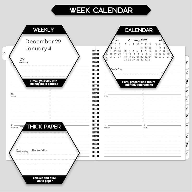 2026-2027 Planner - Planner 2026-2027 Weekly and Monthly, Jul. 2026 - Jun. 2027, 8" x 10", with Tabs, Thick Paper, Spiral Binding, Classic Black - Image 5
