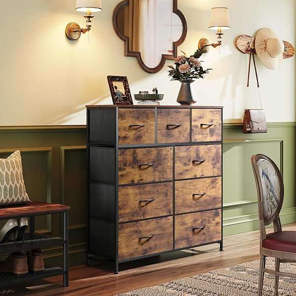 WLIVE 9-Drawer Dresser, Fabric Storage Tower for Bedroom, Hallway, Entryway, Closet, Tall Chest Organizer Unit with Fabric Bins, Steel Frame, Wood Top, Easy Pull Handle, Rustic Brown Wood Grain Print - Image 2