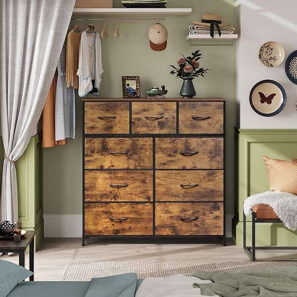 WLIVE 9-Drawer Dresser, Fabric Storage Tower for Bedroom, Hallway, Entryway, Closet, Tall Chest Organizer Unit with Fabric Bins, Steel Frame, Wood Top, Easy Pull Handle, Rustic Brown Wood Grain Print - Image 6