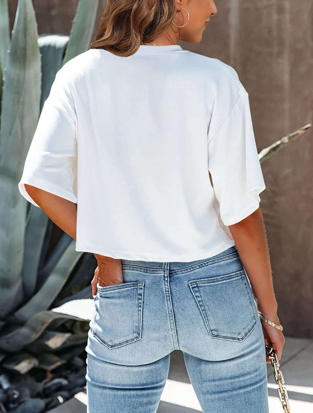 Tankaneo Women Half Sleeve Cropped T-Shirts Drop Shoulder Round Neck Crop Tops Casual Summer Solid Color Basic Tees - Image 3