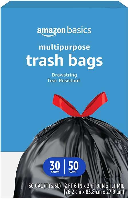 Amazon Basics Multipurpose Drawstring Trash Bags, 30 Gallon Capacity, Tear Resistant, 50 Count (Previously Solimo) - Image 1