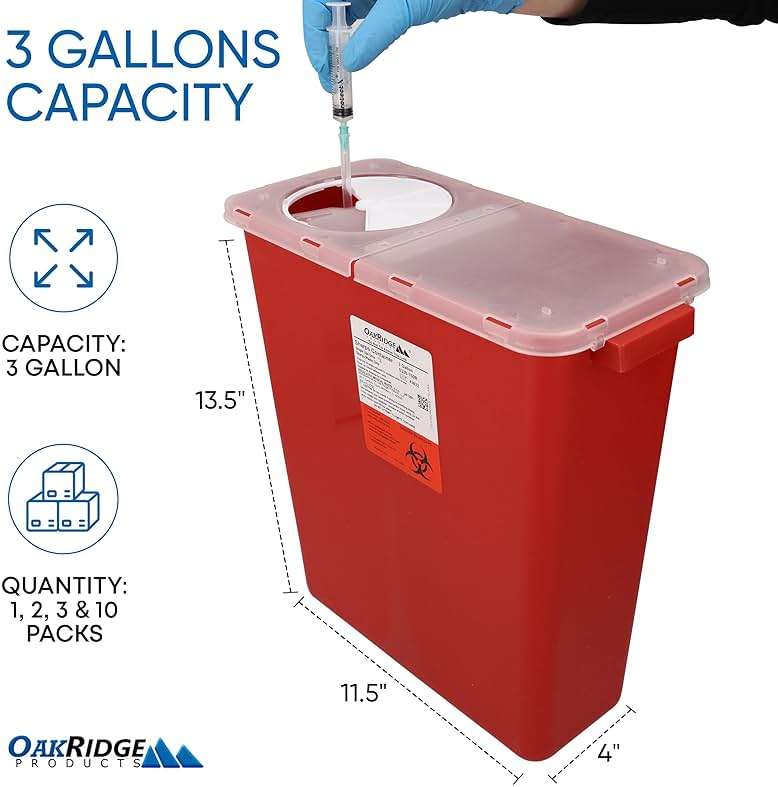 Oakridge Products Large Sharps Container for Home Use and Professional 3 Gallon (1-Pack) with Rotating lid, Biohazard Needle and Syringe Disposal, CDC Certified - Image 2