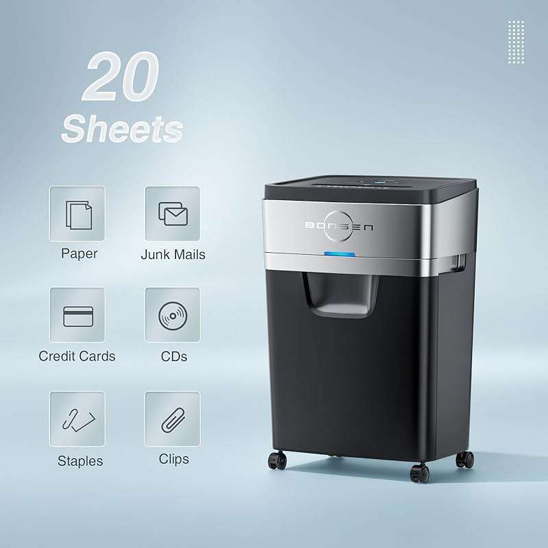 BONSEN Paper Shredder, 20-Sheet 60 Mins Nonstop Heavy Duty Paper Shredder for Office, 60dB Ultra Quiet Cross-Cut Shredder with 6.6 Gals Basket, Anti-Jam CD and Credit Shredder for Home Office (S3104) - Image 2