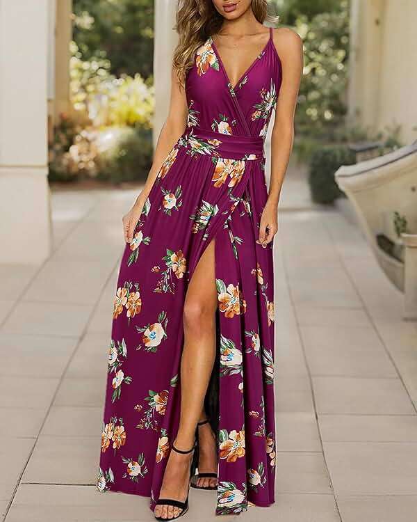 Newshows Women's 2026 Lightweight Summer Wedding Guest Beach Vacation Casual V Neck Split Flowy Maxi Dress - Image 8