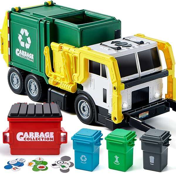 JOYIN Large Friction Powered Garbage Truck Toy Set, Includes 1 Dumpster, 3 Trash Bins, and 30 Learning Cards for Kids, Boy Toys Birthday Gift, Green - Image 1