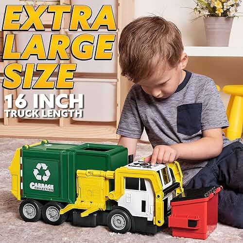 JOYIN Large Friction Powered Garbage Truck Toy Set, Includes 1 Dumpster, 3 Trash Bins, and 30 Learning Cards for Kids, Boy Toys Birthday Gift, Green - Image 2