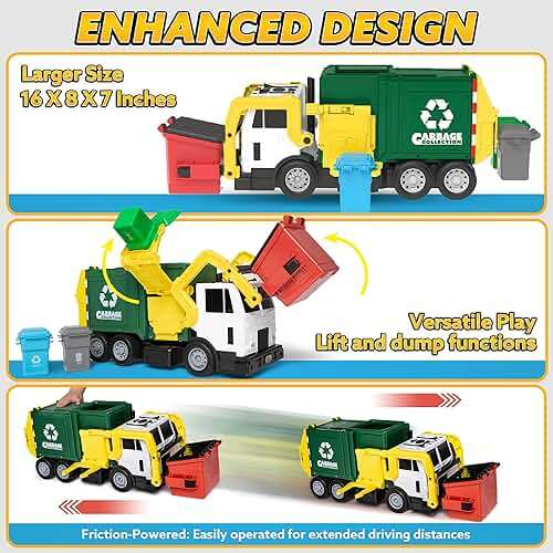 JOYIN Large Friction Powered Garbage Truck Toy Set, Includes 1 Dumpster, 3 Trash Bins, and 30 Learning Cards for Kids, Boy Toys Birthday Gift, Green - Image 3