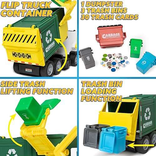 JOYIN Large Friction Powered Garbage Truck Toy Set, Includes 1 Dumpster, 3 Trash Bins, and 30 Learning Cards for Kids, Boy Toys Birthday Gift, Green - Image 4