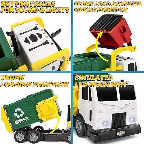 JOYIN Large Friction Powered Garbage Truck Toy Set, Includes 1 Dumpster, 3 Trash Bins, and 30 Learning Cards for Kids, Boy Toys Birthday Gift, Green - Image 5