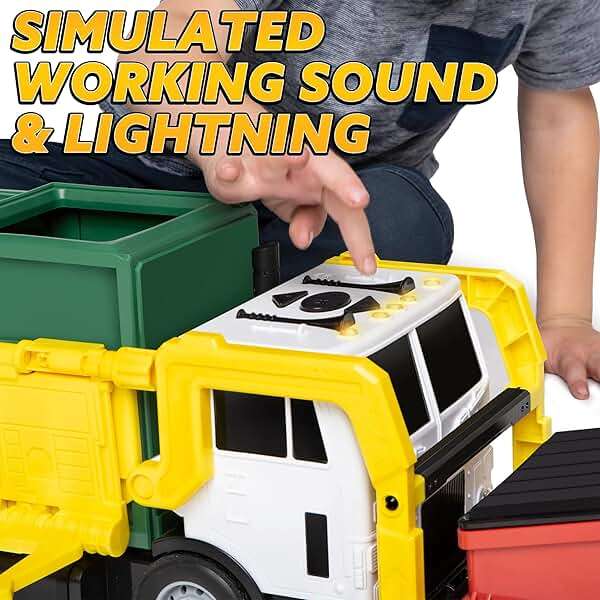 JOYIN Large Friction Powered Garbage Truck Toy Set, Includes 1 Dumpster, 3 Trash Bins, and 30 Learning Cards for Kids, Boy Toys Birthday Gift, Green - Image 6