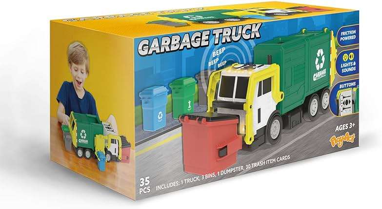 JOYIN Large Friction Powered Garbage Truck Toy Set, Includes 1 Dumpster, 3 Trash Bins, and 30 Learning Cards for Kids, Boy Toys Birthday Gift, Green - Image 7