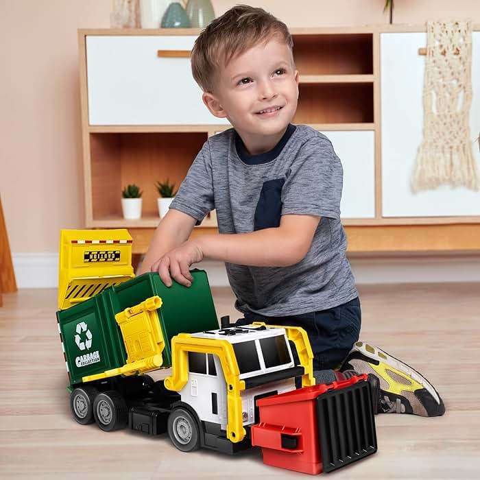JOYIN Large Friction Powered Garbage Truck Toy Set, Includes 1 Dumpster, 3 Trash Bins, and 30 Learning Cards for Kids, Boy Toys Birthday Gift, Green - Image 8