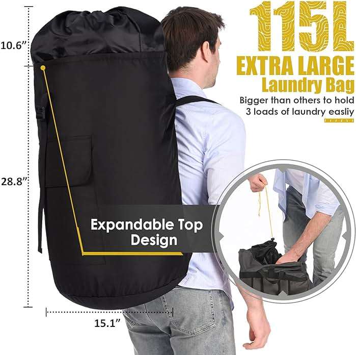 Backpack Laundry Bag, 115L Heavy Duty Extra Large College Laundry Backpack, Dirty Clothes Bag with Shoulder Straps, Laundry Hamper Bag with Drawstring Closure for College Dorm, Apartment Black - Image 2