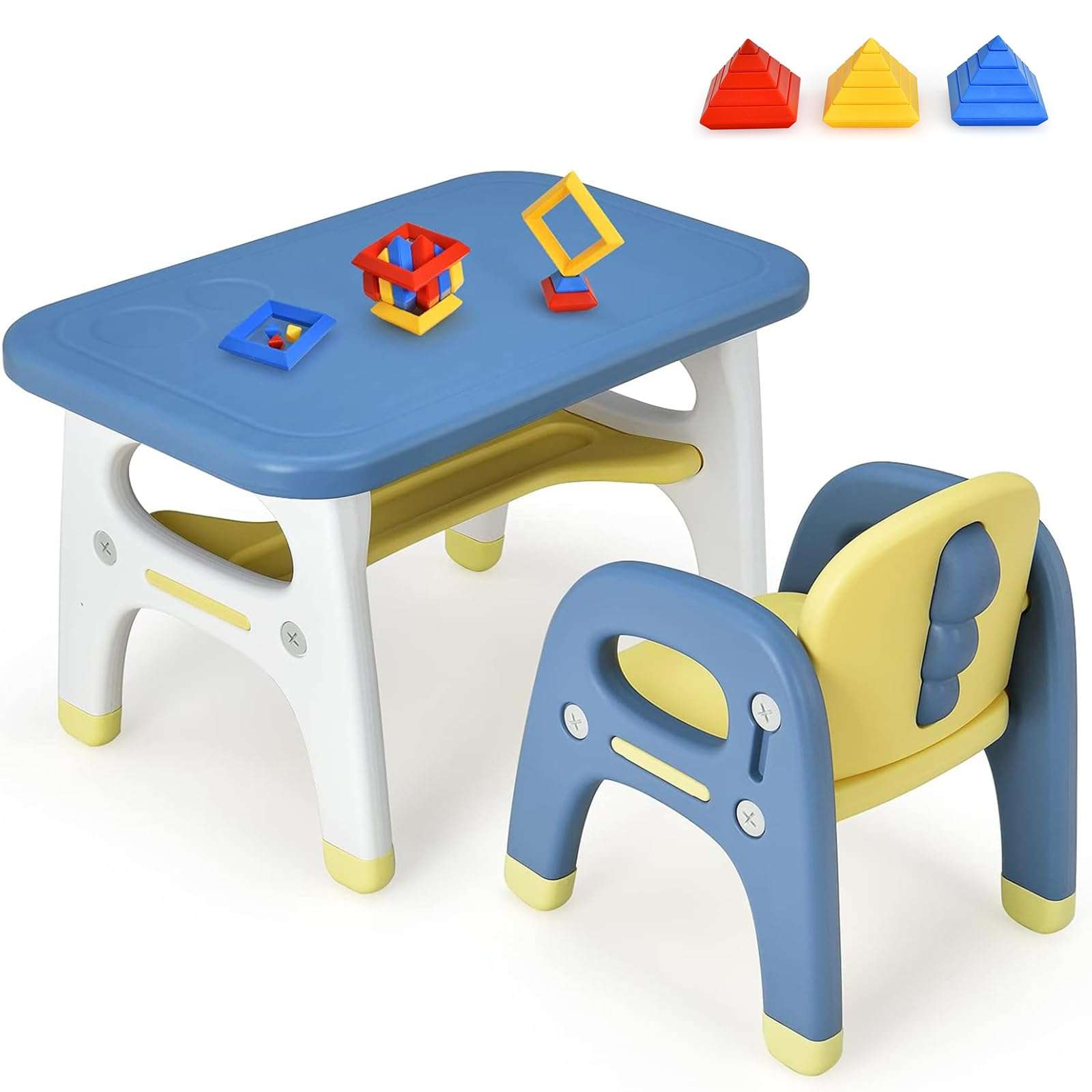 Costzon Toddler Table and Chair Set, Cute Dinosaur Children Activity Art Sturdy Desk Set w/Storage Rack & Montessori Building Blocks, Kids Table and Chair for Baby Boys Girls (Blue) - Image 1