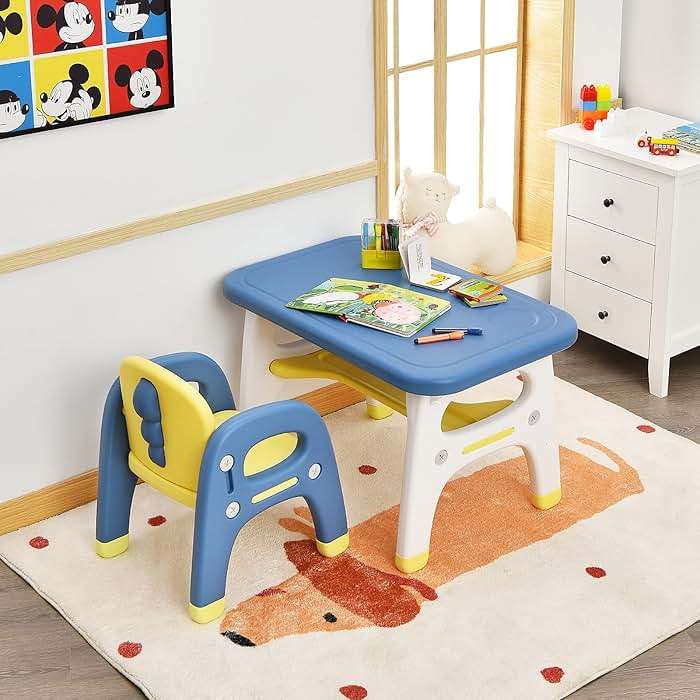 Costzon Toddler Table and Chair Set, Cute Dinosaur Children Activity Art Sturdy Desk Set w/Storage Rack & Montessori Building Blocks, Kids Table and Chair for Baby Boys Girls (Blue) - Image 2