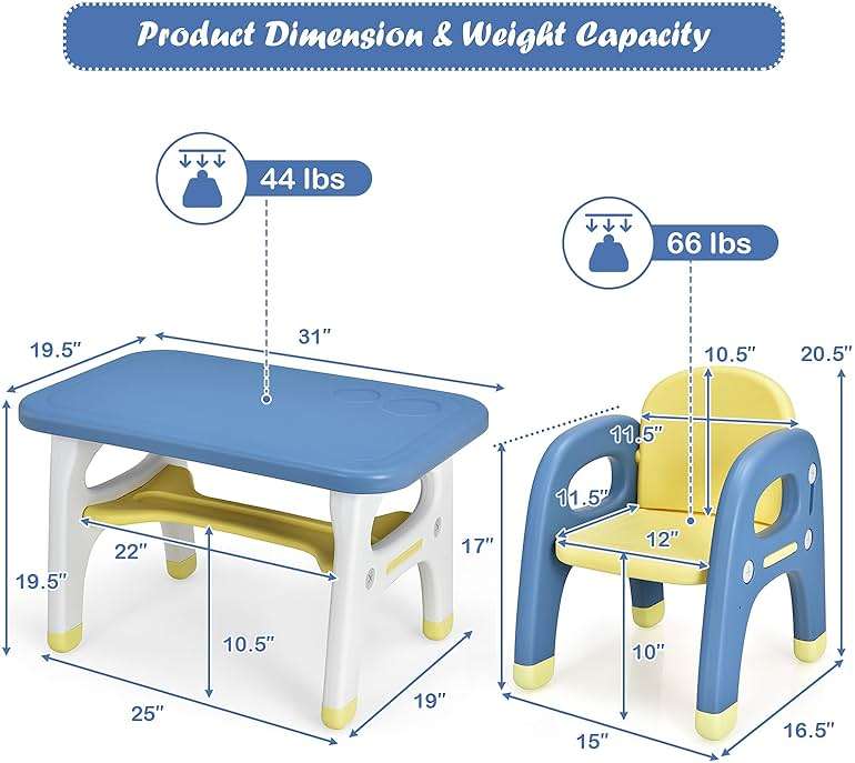 Costzon Toddler Table and Chair Set, Cute Dinosaur Children Activity Art Sturdy Desk Set w/Storage Rack & Montessori Building Blocks, Kids Table and Chair for Baby Boys Girls (Blue) - Image 3