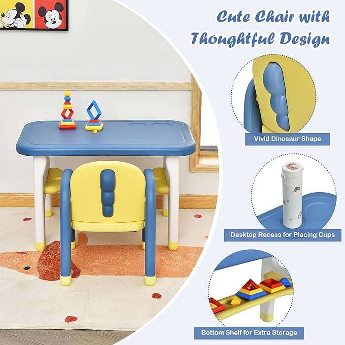 Costzon Toddler Table and Chair Set, Cute Dinosaur Children Activity Art Sturdy Desk Set w/Storage Rack & Montessori Building Blocks, Kids Table and Chair for Baby Boys Girls (Blue) - Image 4