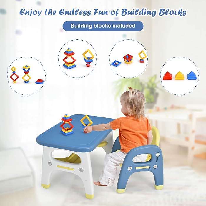Costzon Toddler Table and Chair Set, Cute Dinosaur Children Activity Art Sturdy Desk Set w/Storage Rack & Montessori Building Blocks, Kids Table and Chair for Baby Boys Girls (Blue) - Image 6