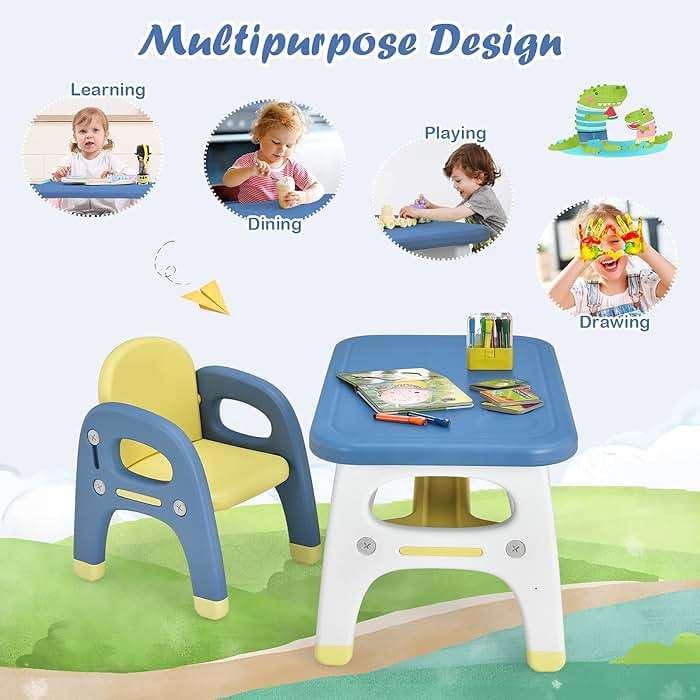 Costzon Toddler Table and Chair Set, Cute Dinosaur Children Activity Art Sturdy Desk Set w/Storage Rack & Montessori Building Blocks, Kids Table and Chair for Baby Boys Girls (Blue) - Image 8