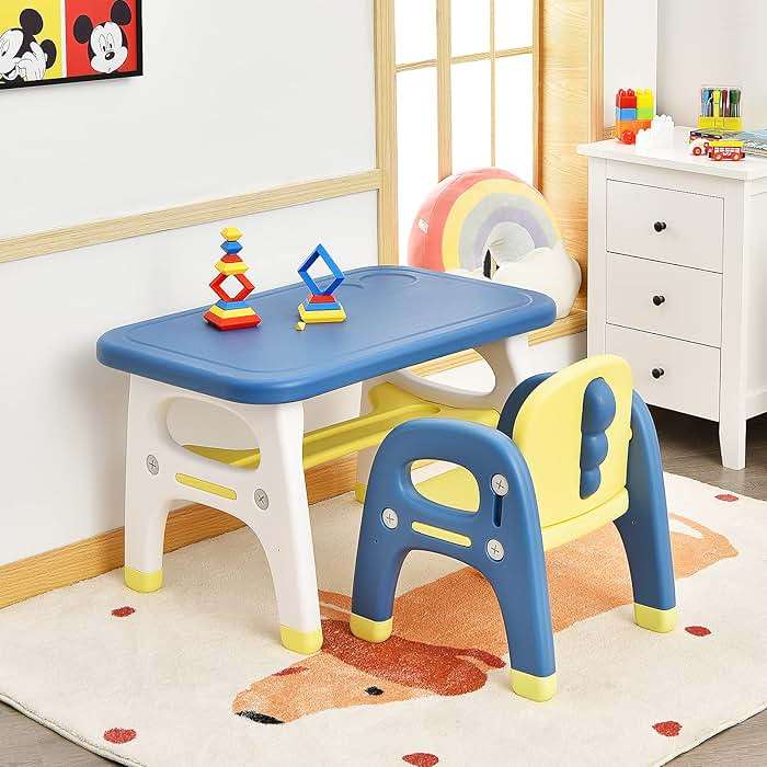 Costzon Toddler Table and Chair Set, Cute Dinosaur Children Activity Art Sturdy Desk Set w/Storage Rack & Montessori Building Blocks, Kids Table and Chair for Baby Boys Girls (Blue) - Image 9