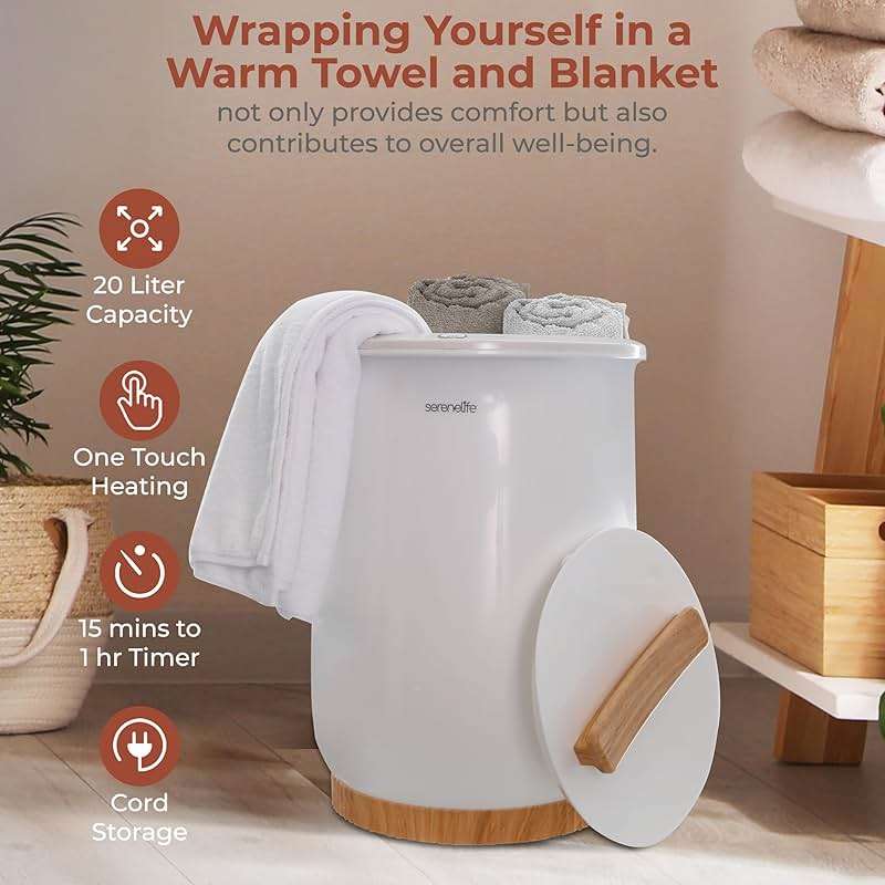 SereneLife Bucket Towel Warmers, White Large Towel Warmer for Spa and Bathroom, Luxury Towel Heater Gifts for Him & Her, Auto Shut-Off, Fits 2 large, Blankets, Bathrobes, PJ's - Image 6
