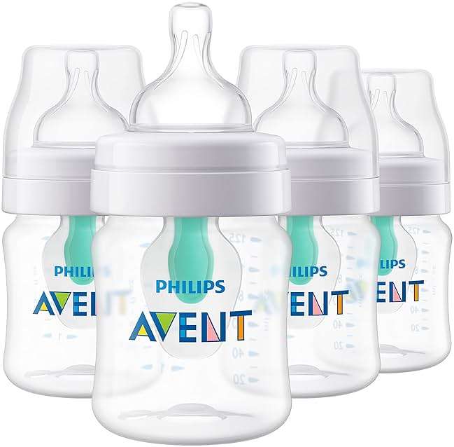 Philips Avent Anti-Colic Bottle with AirFree Vent, 4oz, with Flow 1 Nipples, 0m+, 4pk, Clear, SCY701/04 - Image 1
