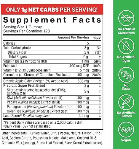 Force Factor ProbioSlim Keto ACV Metabolism Gummies, Organic Apple Cider Vinegar, LactoSpore Probiotics & Prebiotics to Support Digestion, Lean Body Mass, & Immune Health, Apple Flavor, 1 Carb, 120ct - Image 6