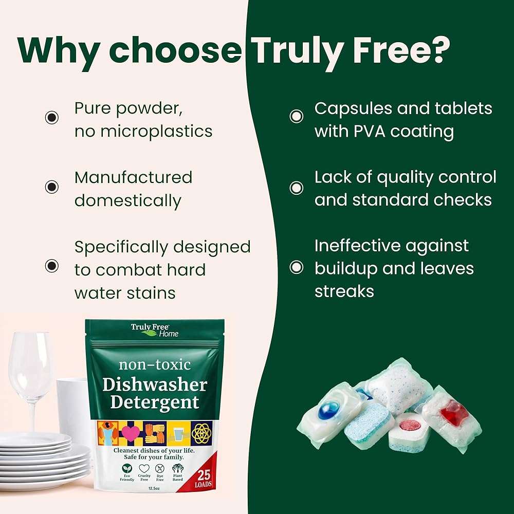 Truly Free Dishwasher Detergent Powder | Natural Dish Detergent, Dishwasher Soap | Plastic Free, Plant-Based, Clean, Heavy Duty Hard Water Stain & Grease Remover | Fragrance Free | 12.5 oz (Pack of 1) - Image 3